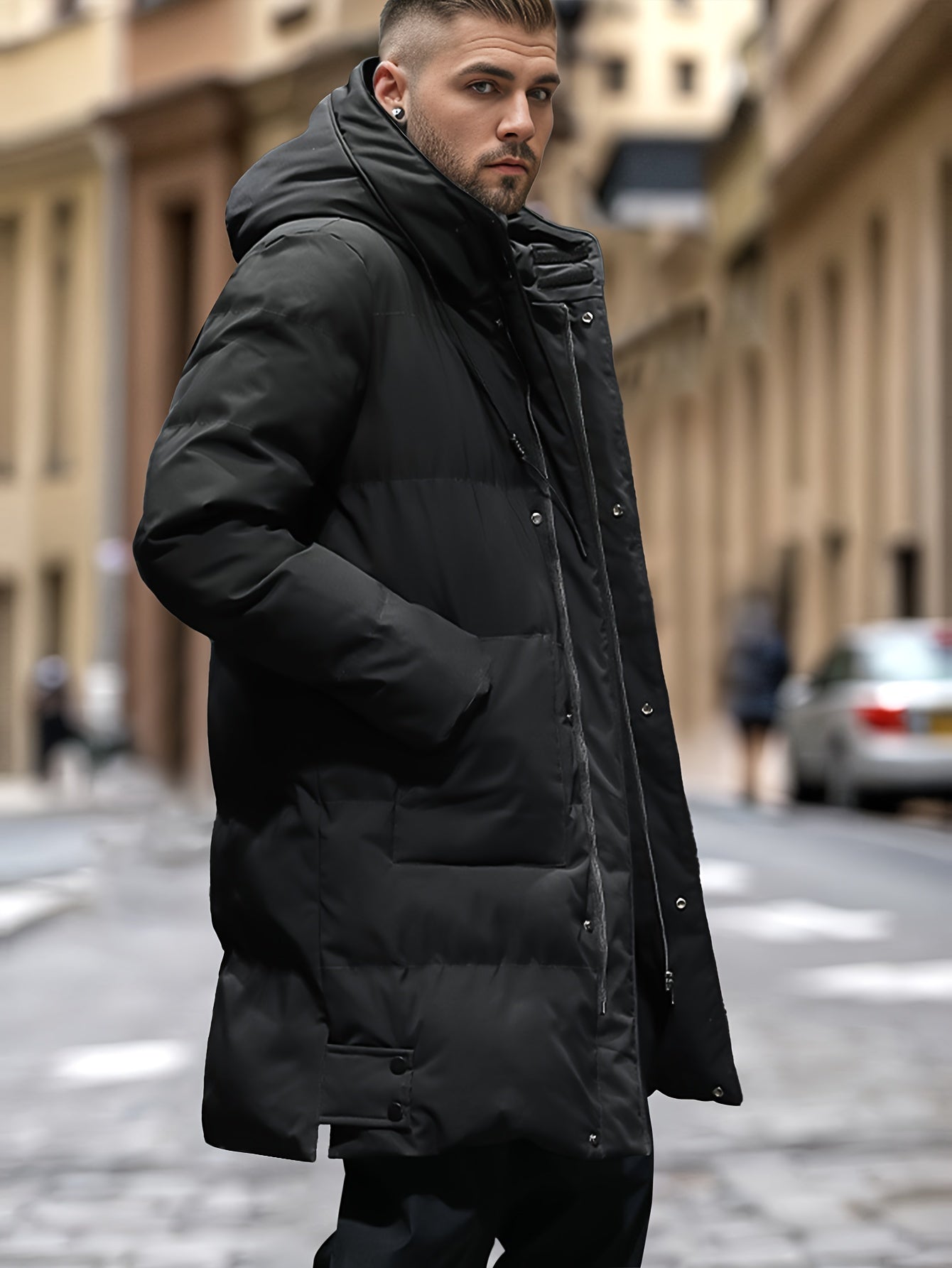 Varm vinterpufferjacka med huva