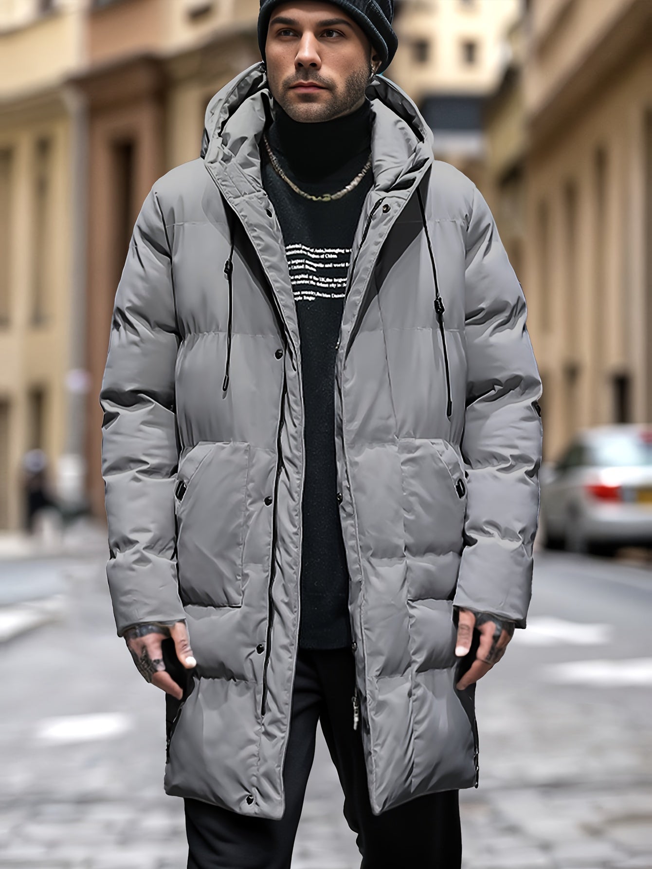 Varm vinterpufferjacka med huva