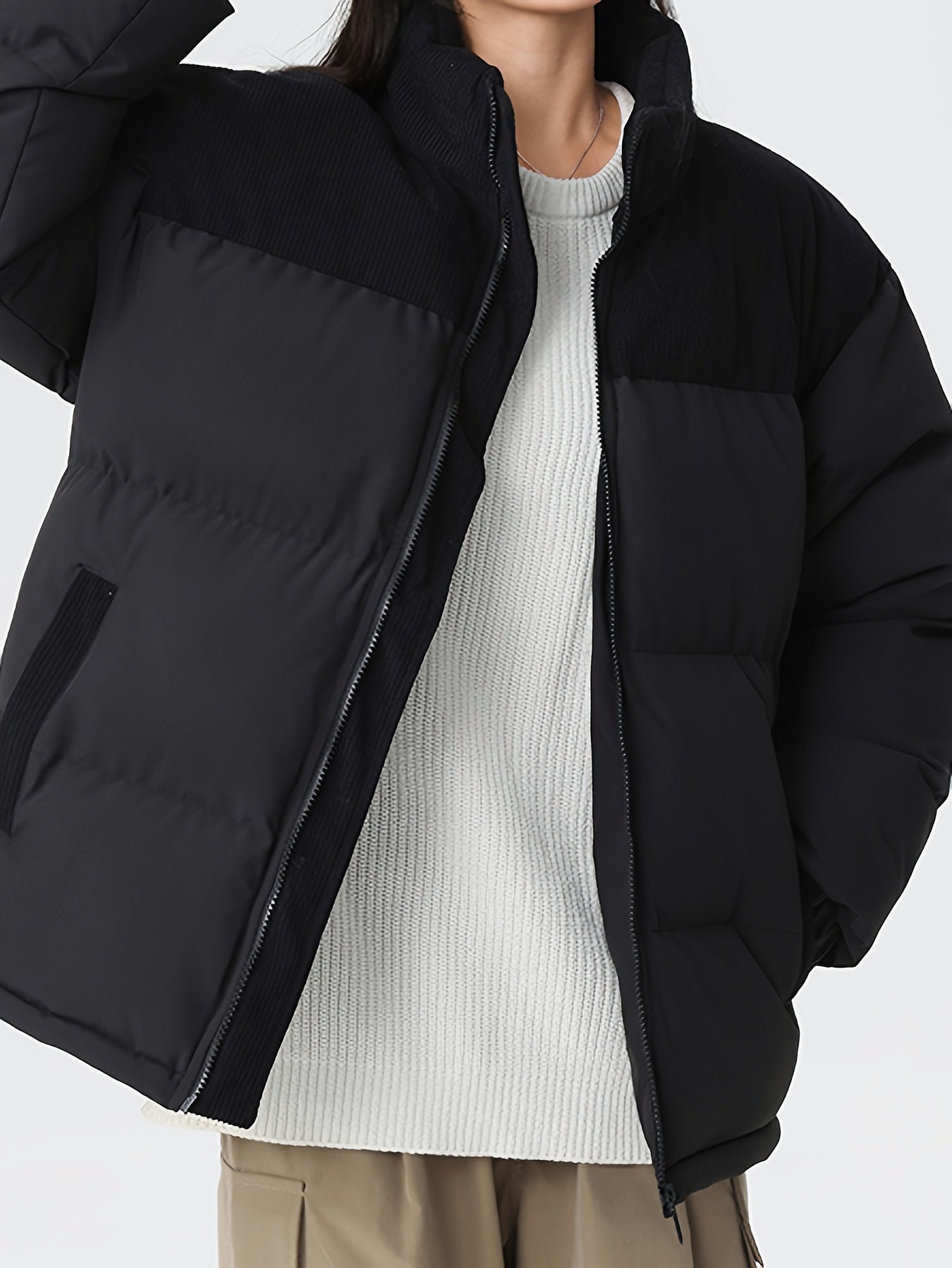 Collin | Colorblock Standkrage Vadderad Vinterjacka Med Corduroy Foder