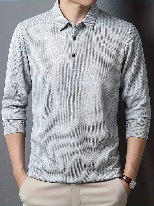 Enfärgad Krage Polotröja Med Knappar Och Mönstrad Design För Herr | Perfekt för Höst/Vinter
