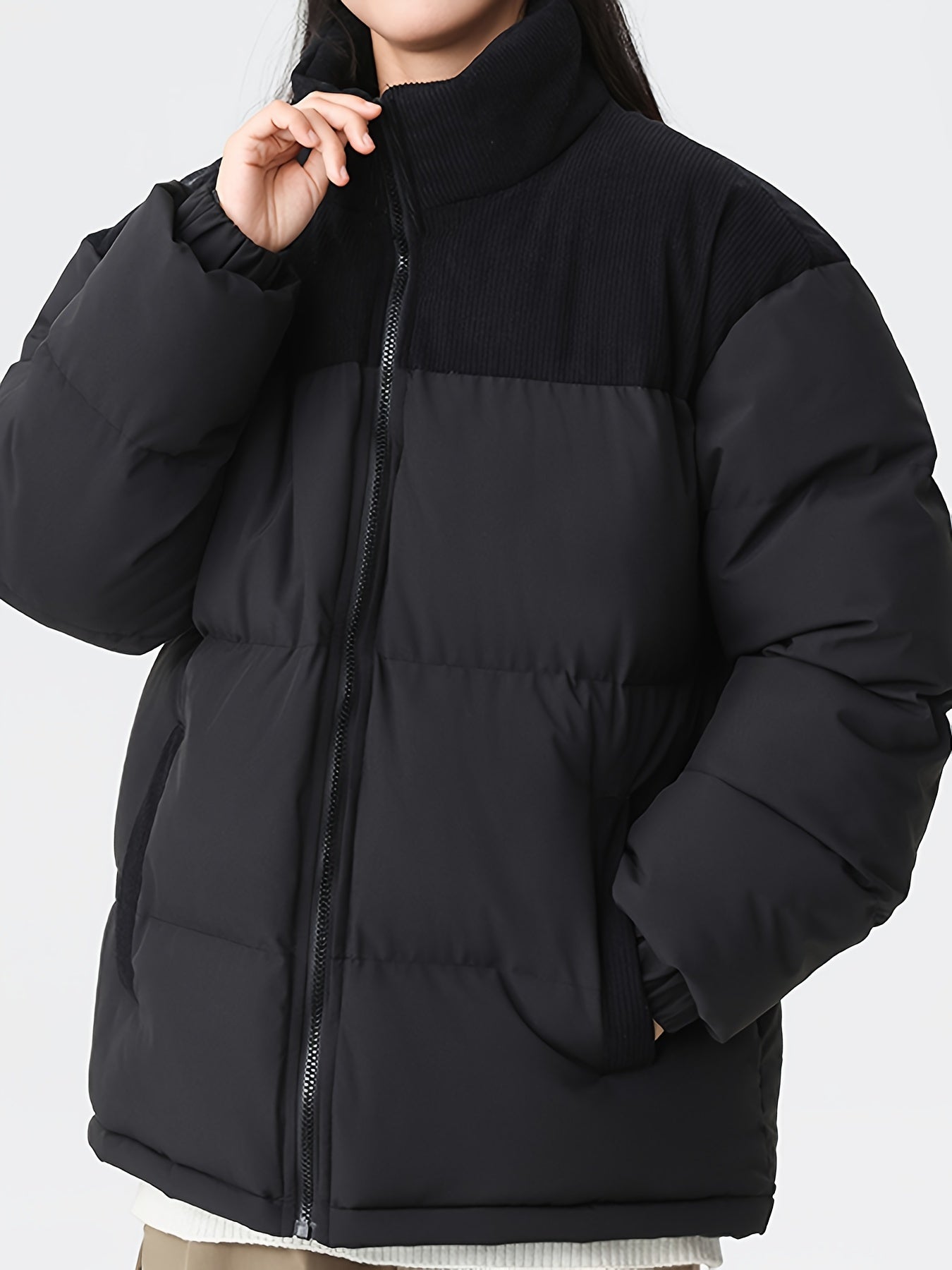 Collin | Colorblock Standkrage Vadderad Vinterjacka Med Corduroy Foder