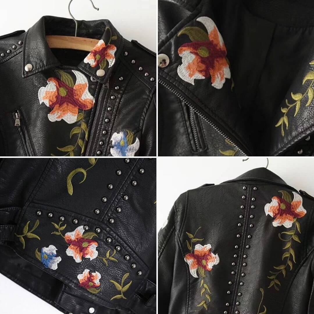 Destiny | Stilren läderjacka med blommigt tryck och broderi