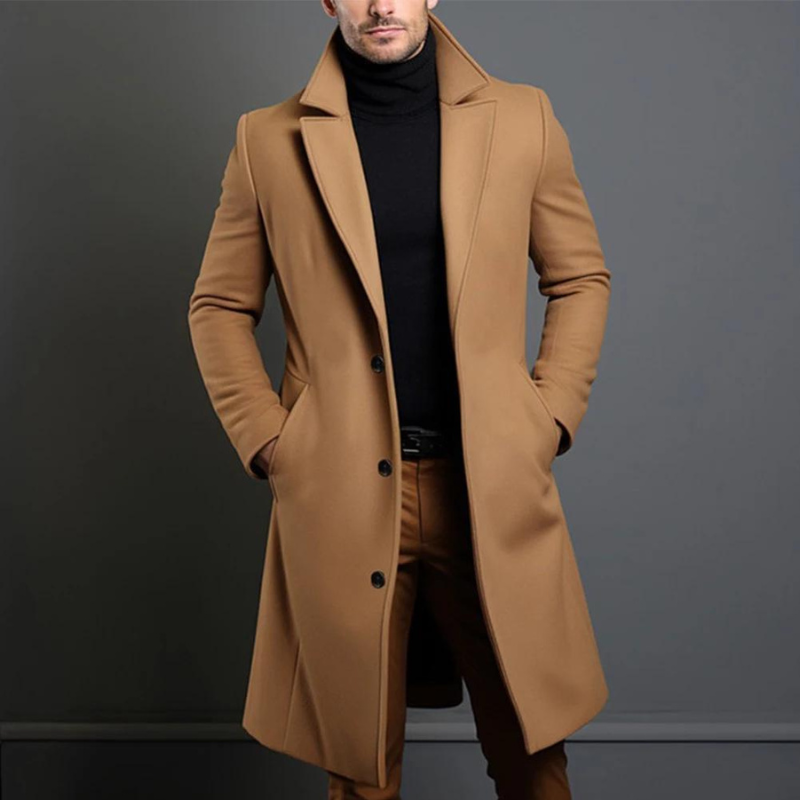 Trench Coat - Klassisk lång enkelknäppt trenchcoat i ull för män