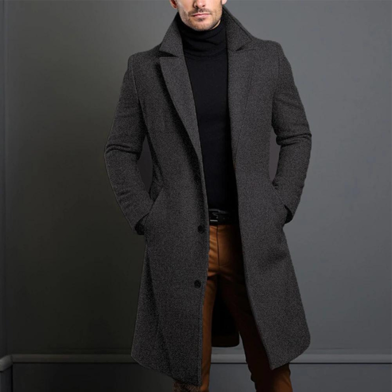 Trench Coat - Klassisk lång enkelknäppt trenchcoat i ull för män