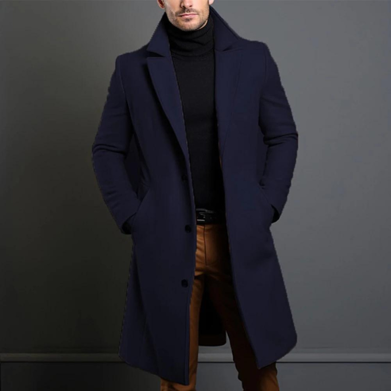 Trench Coat - Klassisk lång enkelknäppt trenchcoat i ull för män