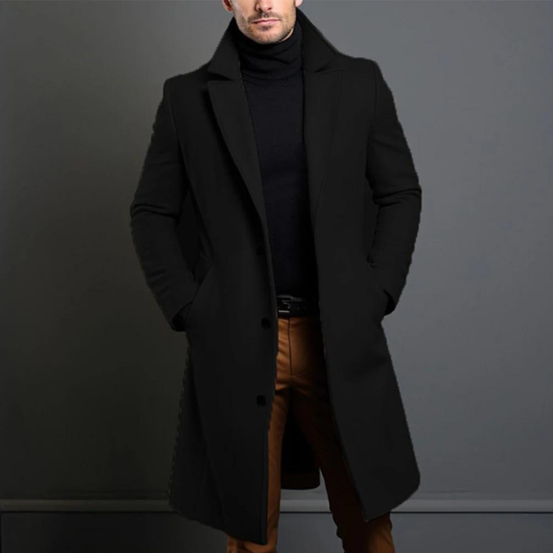 Trench Coat - Klassisk lång enkelknäppt trenchcoat i ull för män