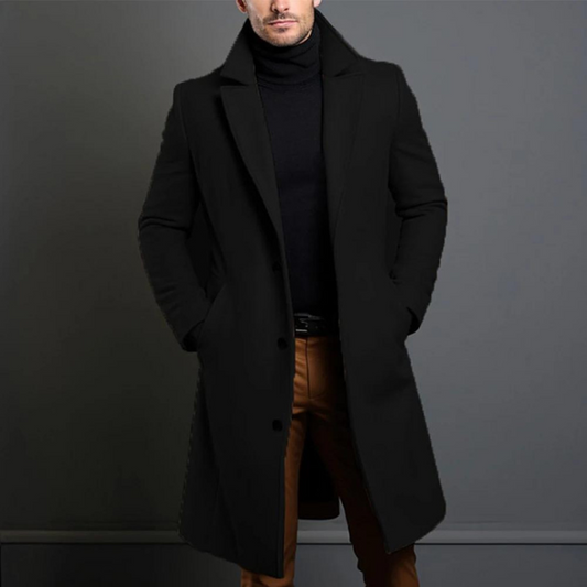 Trench Coat - Klassisk lång enkelknäppt trenchcoat i ull för män